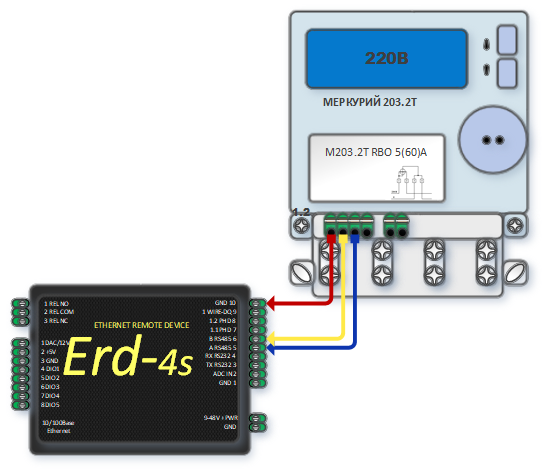 energymeter "Mercury M203.2T" connection diagram to RS485 over TCP/IP converter "SNR-ERD-4s".