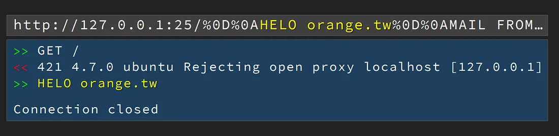 Figure 3: Smuggling SMTP protocol over HTTP protocol (credit: Orange Tsai, Black Hat 2017)