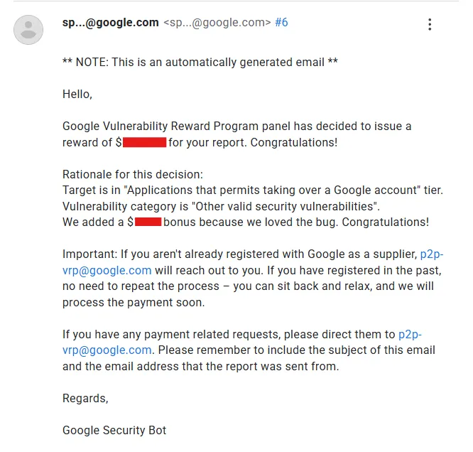 Figure 12: Google acknowledging the vulnerability