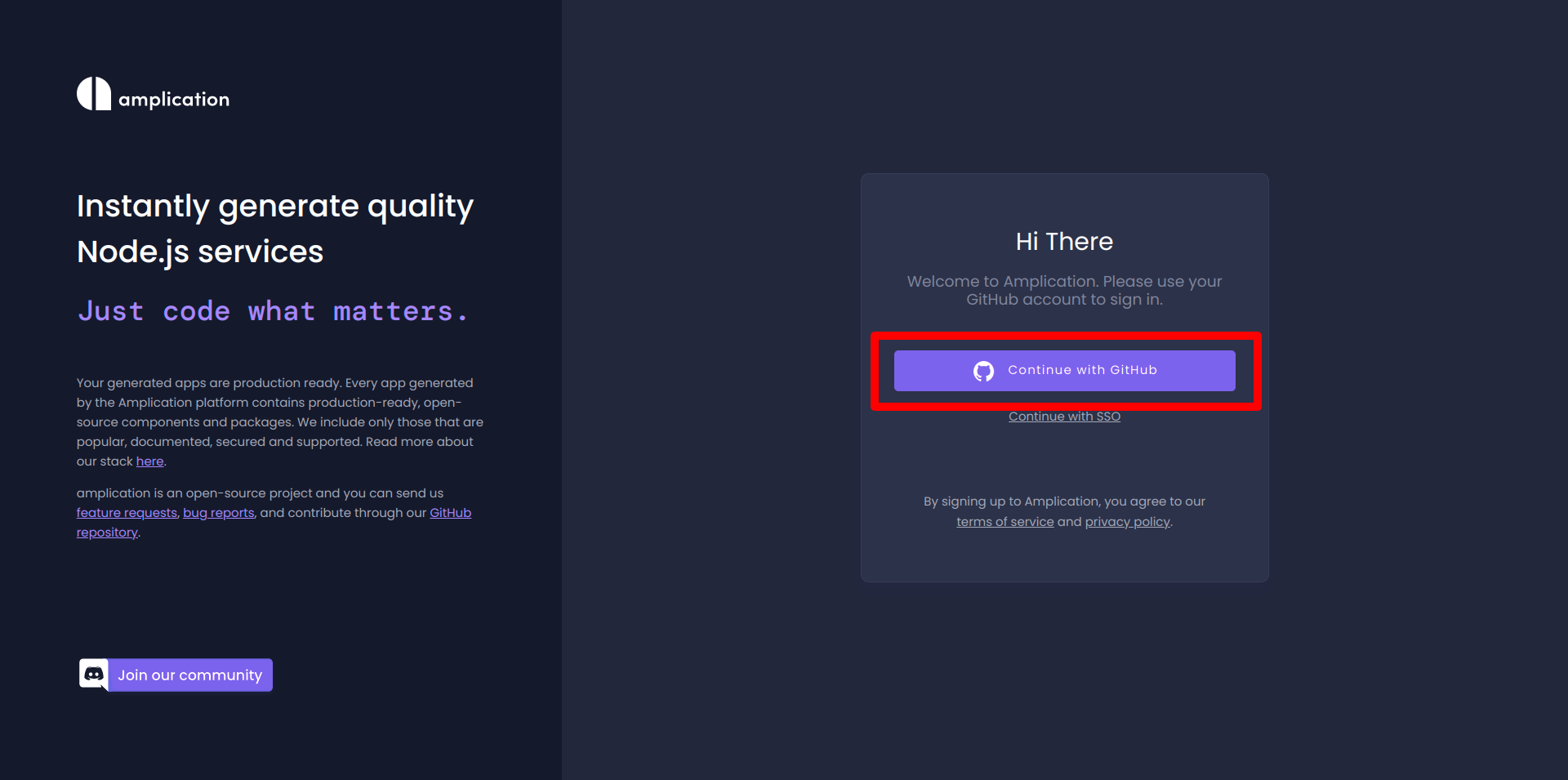 Amplication login page