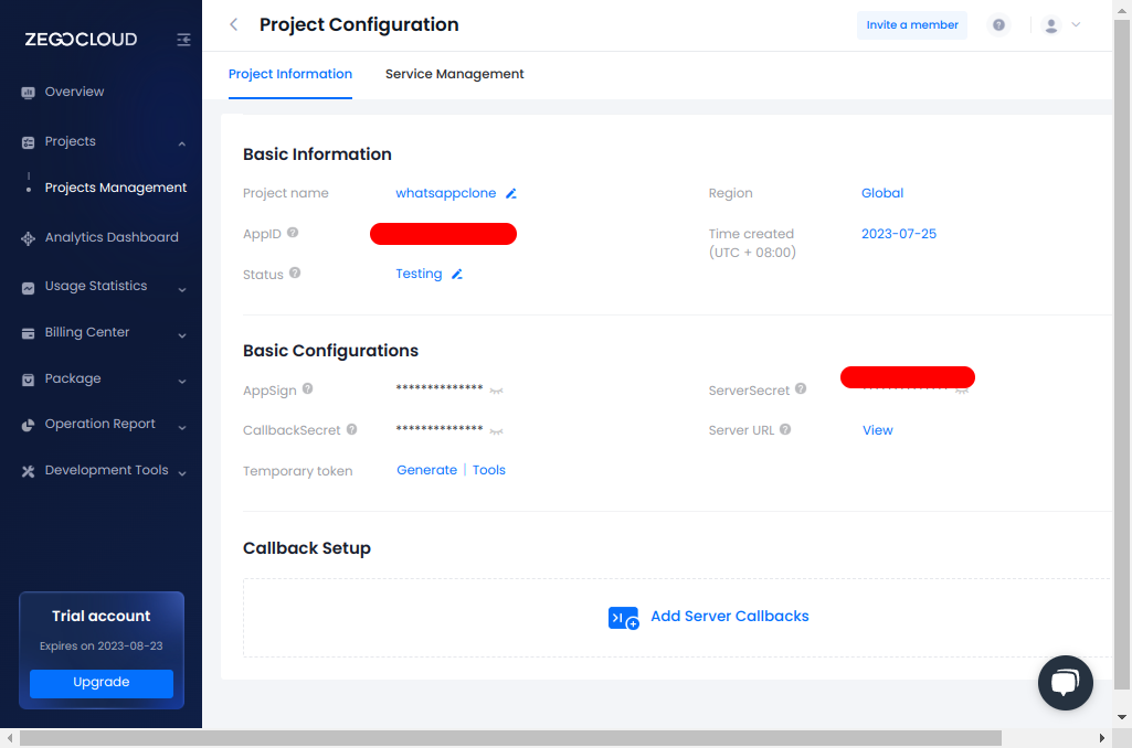 Zegocloud Project Paramters