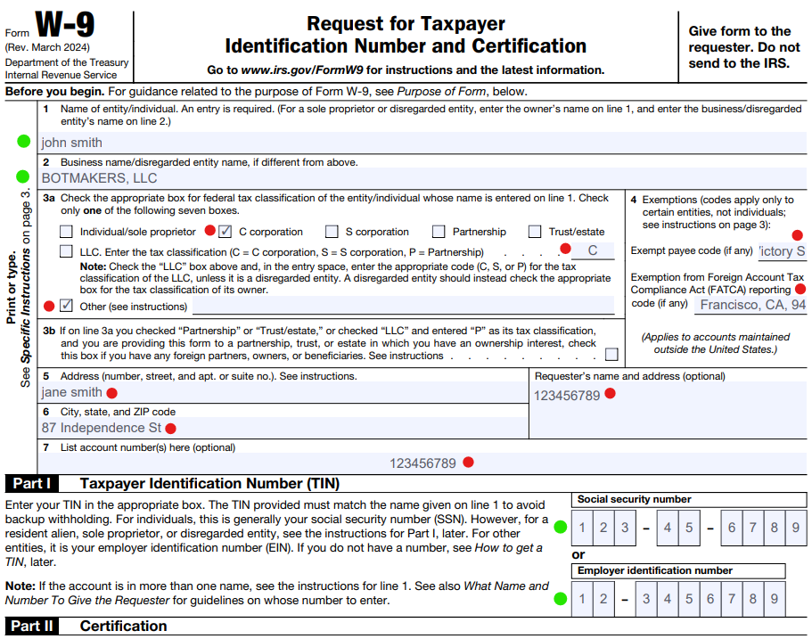 IRS W-9 form filled with AI