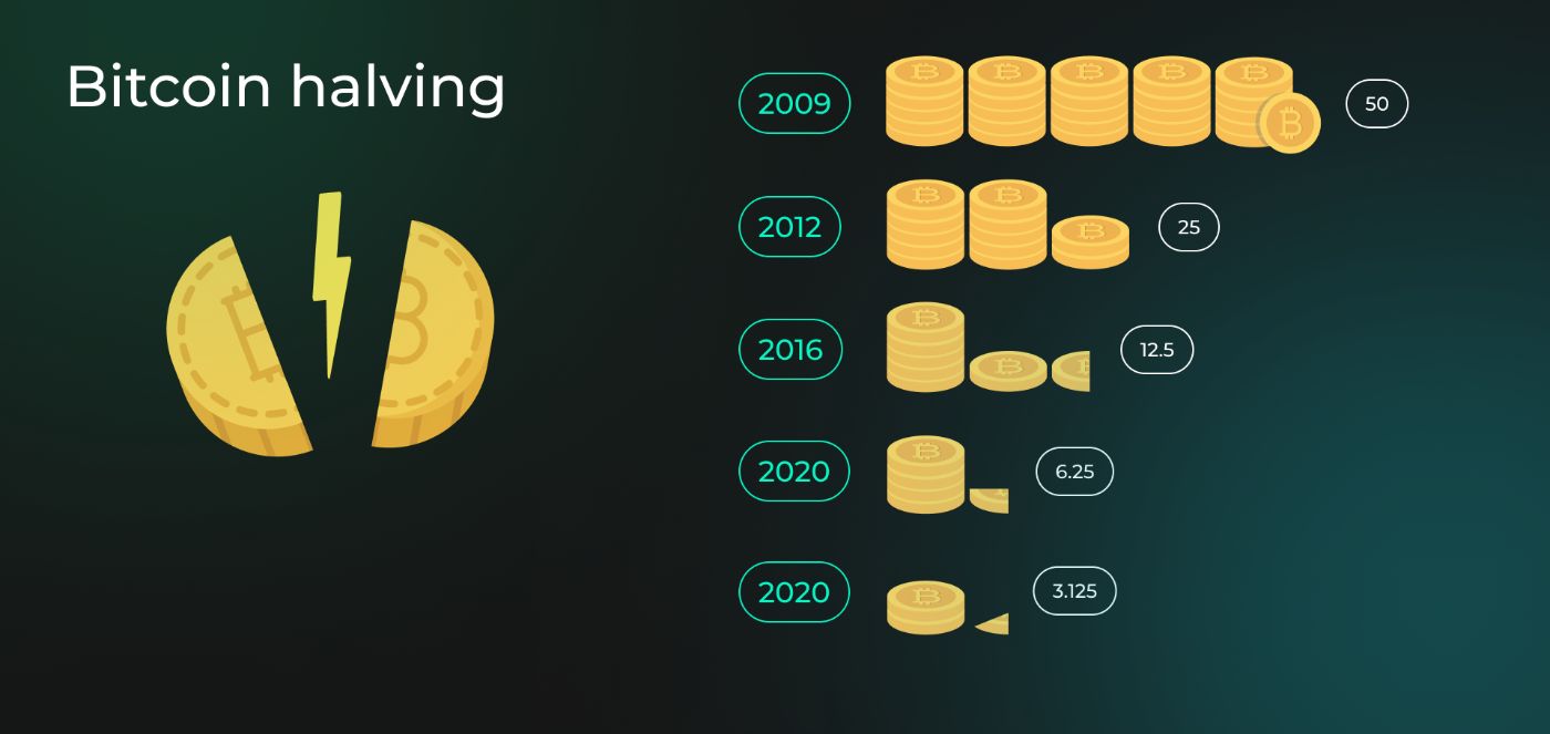 Illustration of halving and the change in miners' reward per block in BTC with each halving. From 2009 to 2024