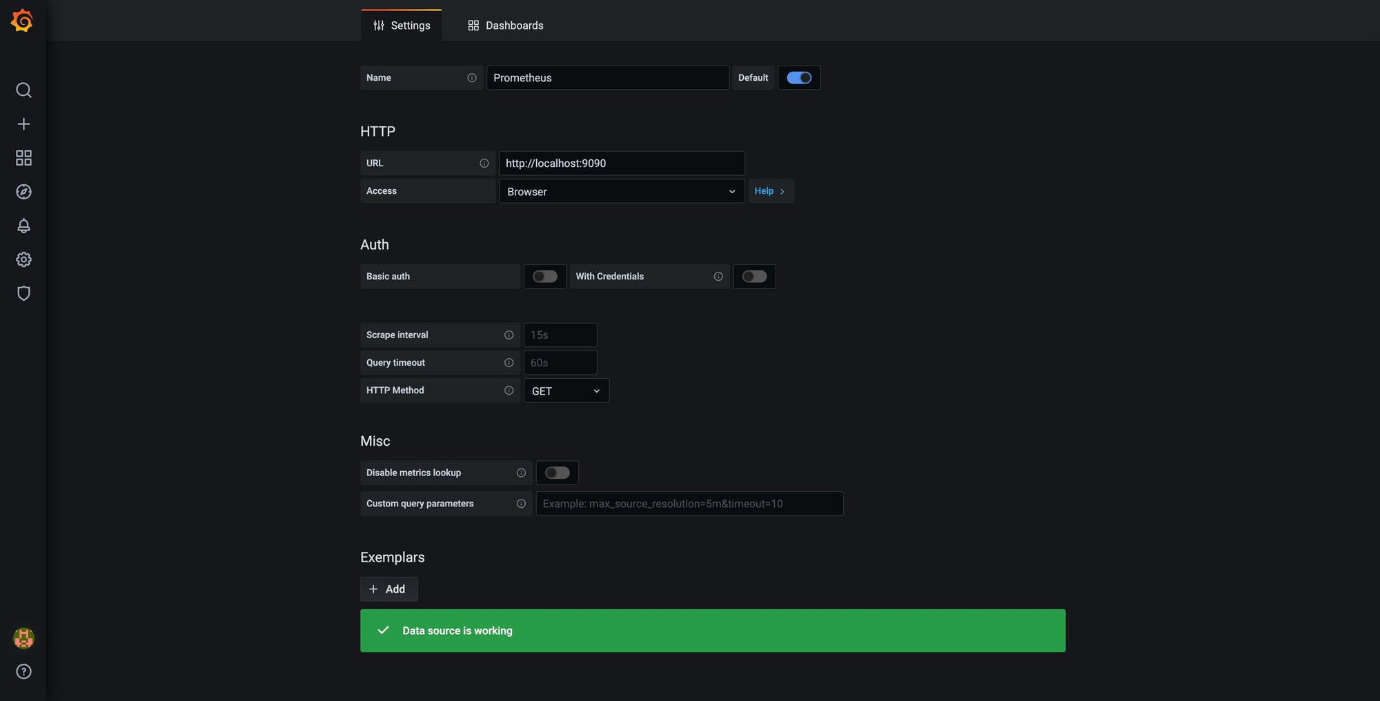 Grafana settings to connect to local Prometheus