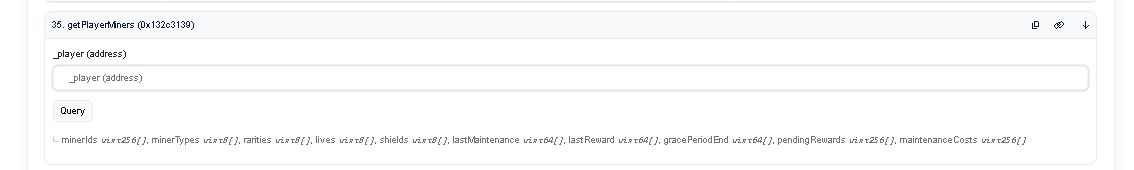 `getPlayerMiners` function in Verdant Miner Logic Contract