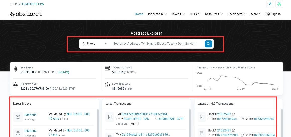 Blockchain explorer homepage