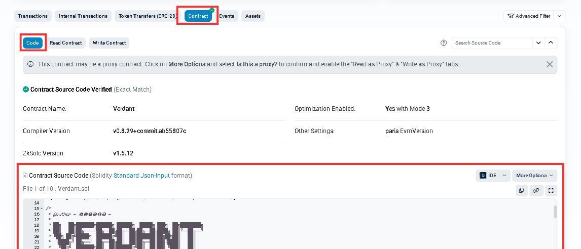 Explorer showing verified contract code