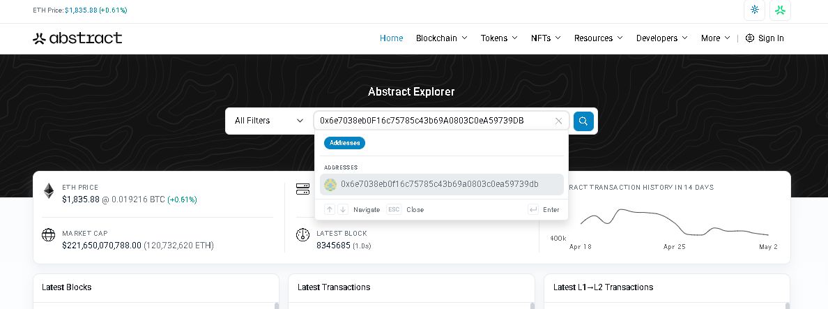 Search bar with a contract address