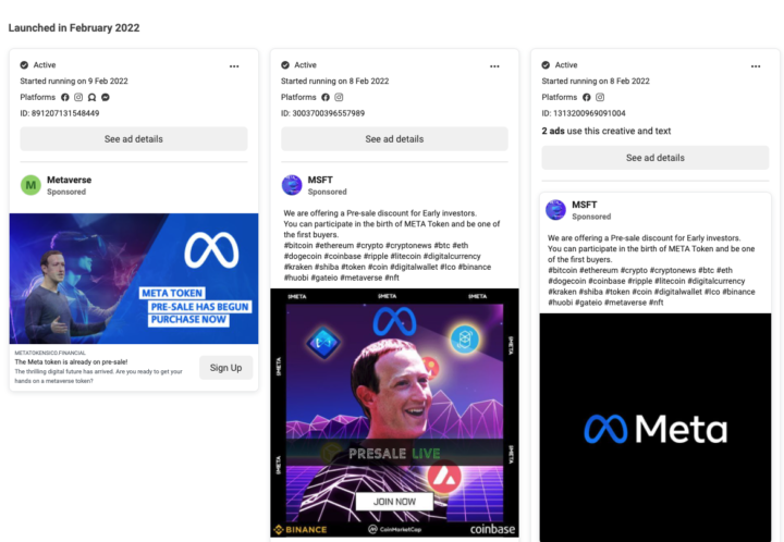 These Facebook ads ran in February 2022; all feature Meta’s infinity symbol logo and/or Mark Zuckerberg’s image. Credit: Facebook
