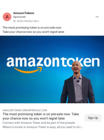 Screenshot of a Facebook ad for Amazon Token, featuring Jeff Bezos' image. Source: Facebook