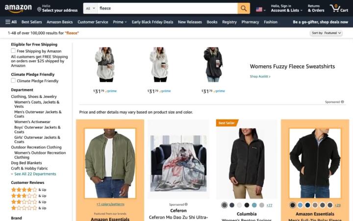 A search for “fleece,” with Amazon Essentials and other Amazon-branded products highlighted in orange by Brand Detector. Source: Amazon.com/The Markup Amazon Brand Detector