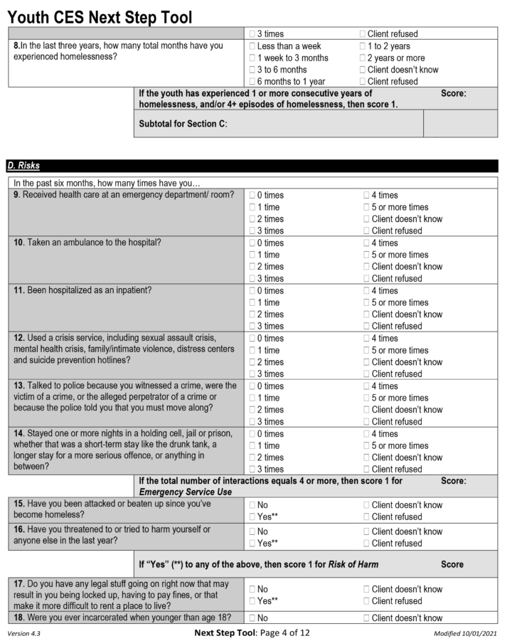 Screenshot of page 4 of LAHSA Youth CES Next Step Tool survey