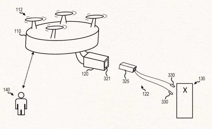 An illustration of a Taser-equipped drone, taken from Axon’s patent application. Credit: Axon