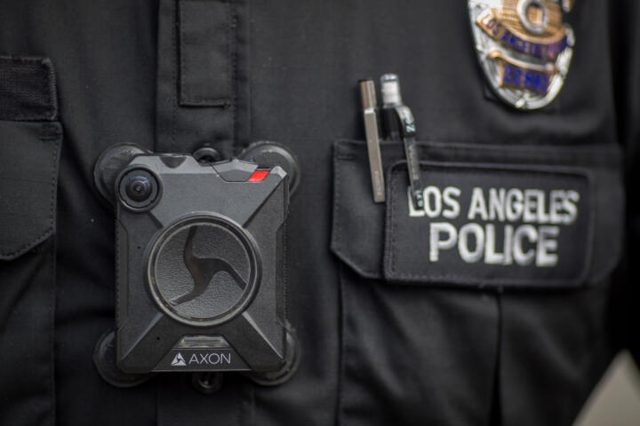 A Los Angeles police officer wears an AXON body camera. Credit:David McNew/Getty Images