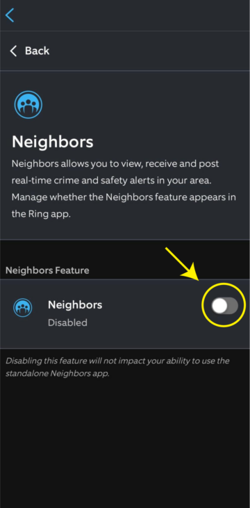 If you do not want to see Neighbors in your Ring app, you can disable that functionality in the Public Safety page by clicking on “Manage” in the “Neighbors Settings” section. Credit: Ring