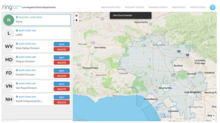Screenshot of the Ring interface that the LAPD uses to monitor happenings in various neighborhoods. Credit:Public records