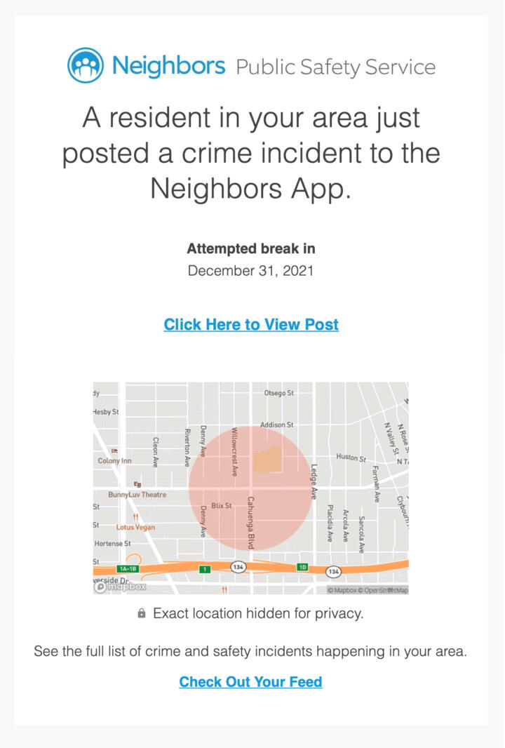 Example of an email alert of a crime incident.