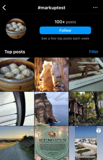 Screenshot of the #markuptest hashtag page taken on Feb. 21, 2024.