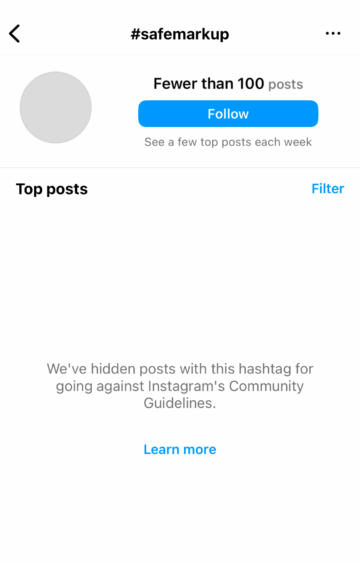 The #safemarkup page on Feb. 20, 2024 shows no images and an alert that says “We’ve hidden posts.”