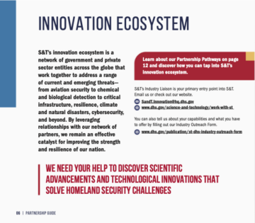 In a federal science and technology partnership guide, officials from the Department of Homeland Security called on industry experts to help identify anyone who could help close tech capability gaps. Credit:Department of Homeland Security