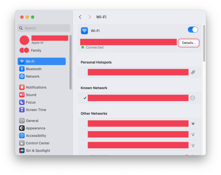 Screenshot of the Wi-Fi window for macOS