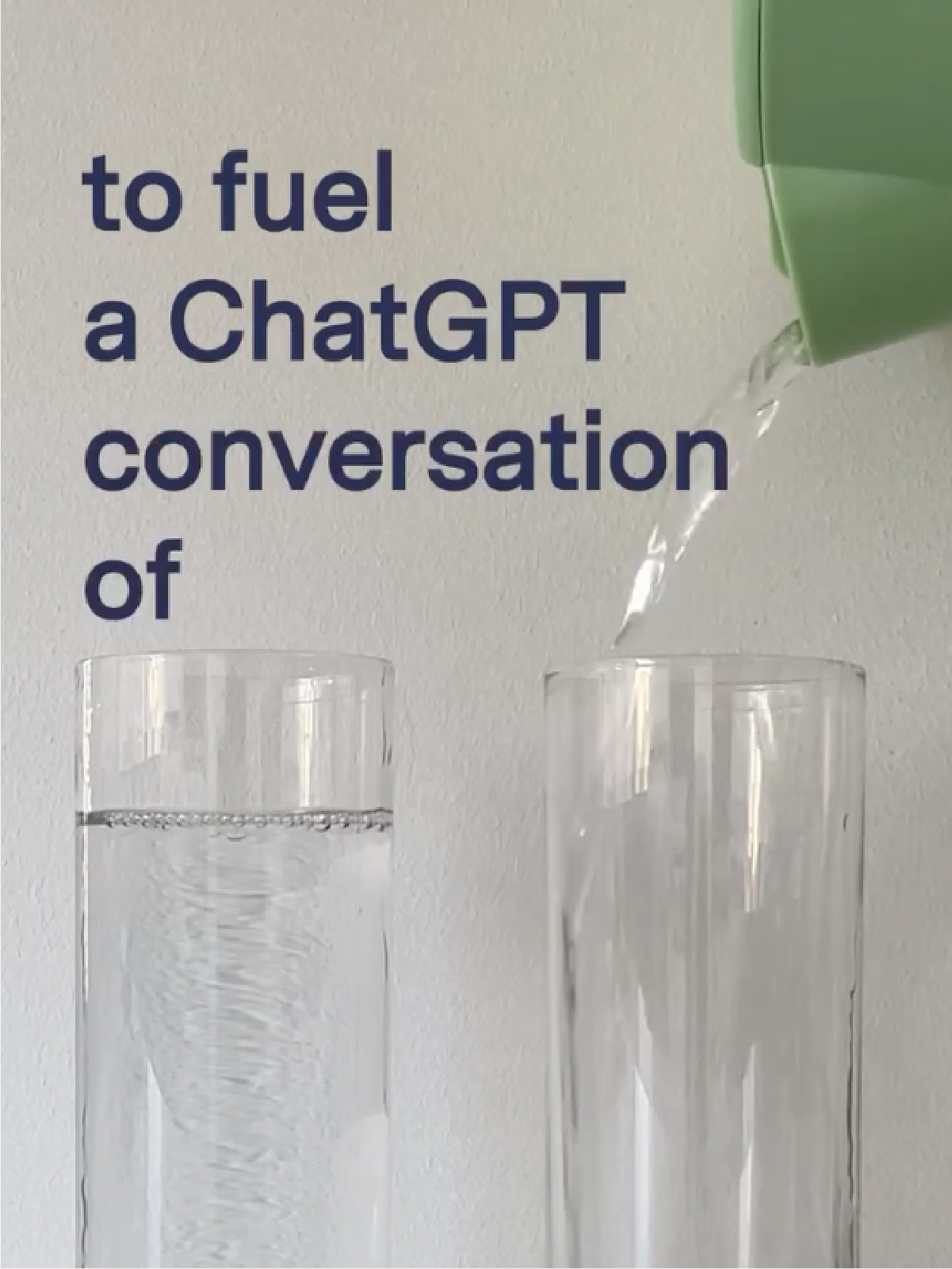 Still from an Instagram Reel showing two glasses, one being filled with water. Overlay text reads: to fuel a ChatGPT conversation of…