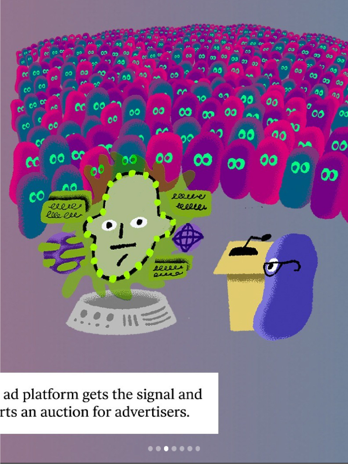 Still from an Instagram Reel showing an illustration of how an online advertising auction works.