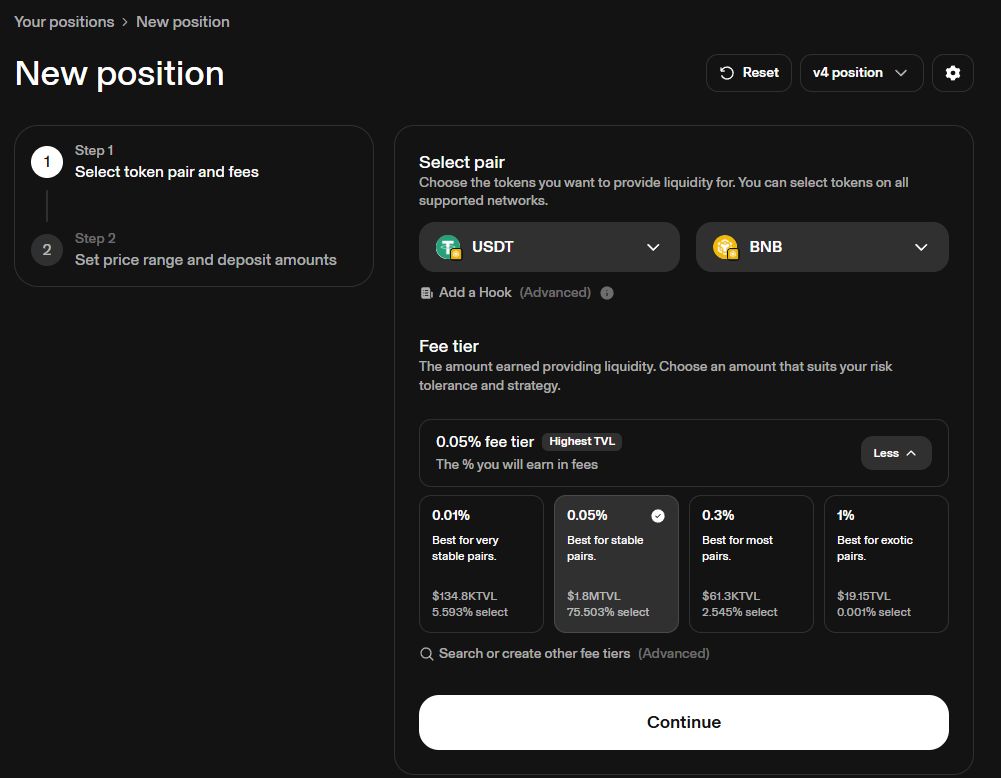 Creating a position on Uniswap: choosing tokens and commissions.