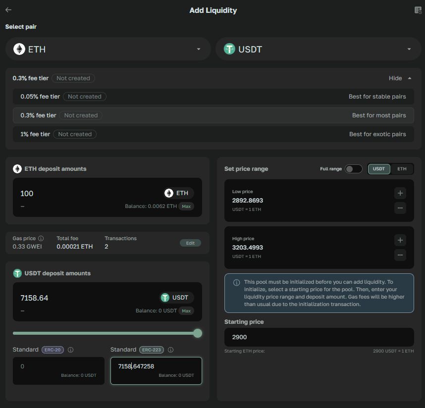 Ability to contribute to the token liquidity pool in different standards ERC-223 or ERC-20 to DEX223.