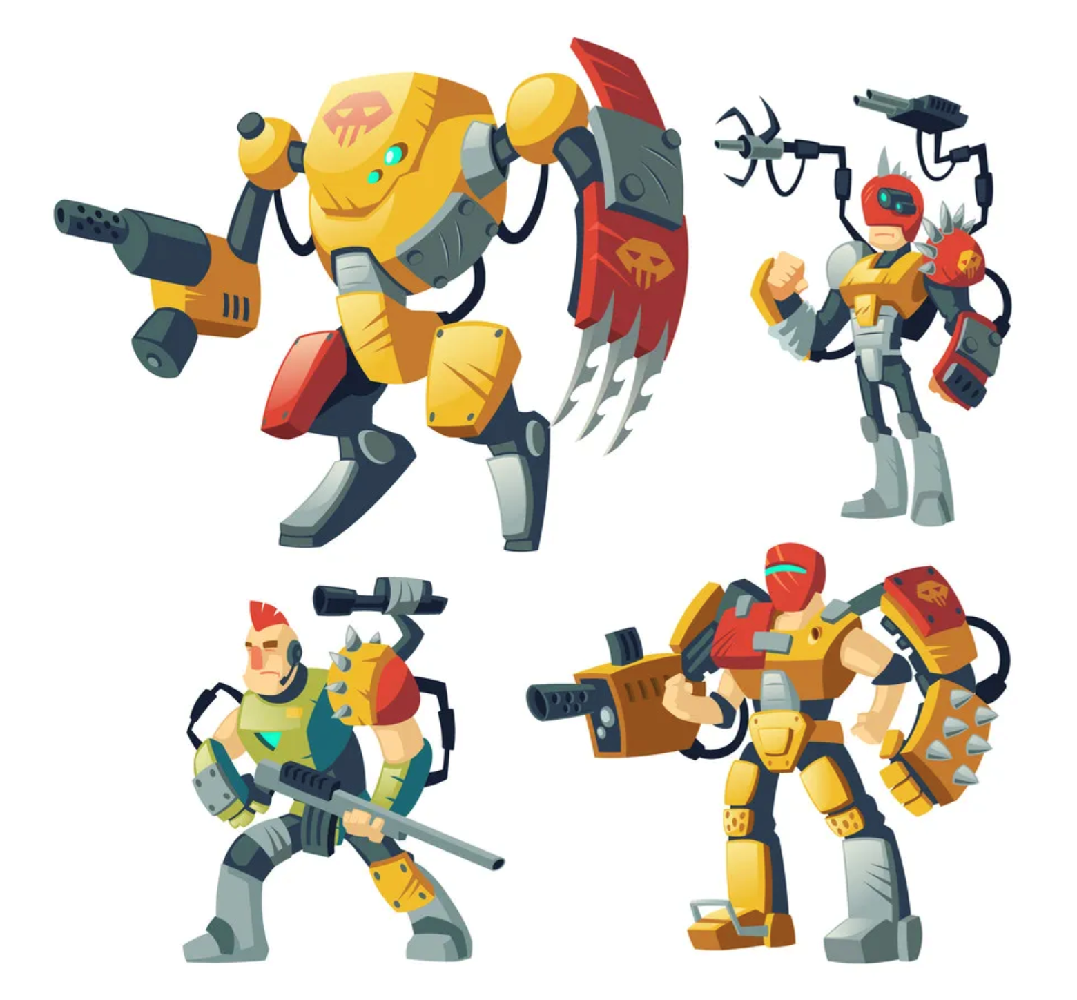 Fantastic, cartoon-like exoskeletonsSource: VectorStock (https://www.vectorstock.com/royalty-free-vector/cartoon-robot-guards-futuristic-exoskeleton-armor-vector-38265581)