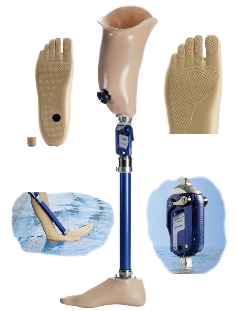 Waterproof prosthesis for knees and feet available from the Ottobock company. 