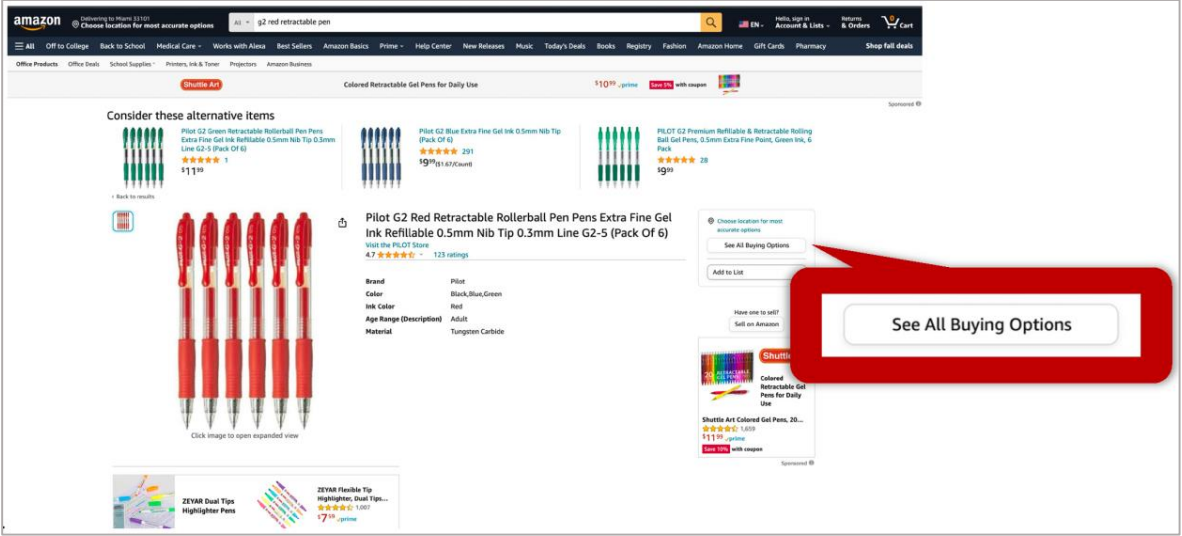 Figure 6a. Detail Page Without Buy Box with “See All Buying Options” Link Enlarged in Red, Desktop Browser.