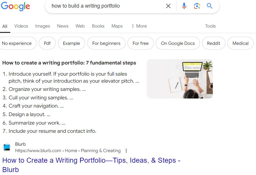 Google writing portfolio result