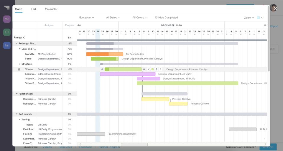 Gantt chart ensample using TeamGantt 