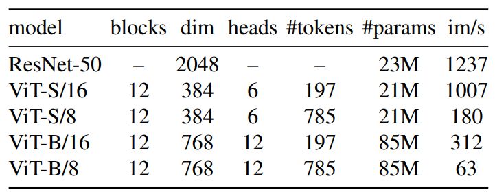 Table 1: Networks configuration. “Blocks” is the number of Transformer blocks, “dim” is channel dimension and “heads” is the number of heads in multi-head attention. “# tokens” is the length of the token sequence when considering 2242 resolution inputs, “# params” is the total number of parameters (without counting the projection head) and “im/s” is the inference time on a NVIDIA V100 GPU with 128 samples per forward.