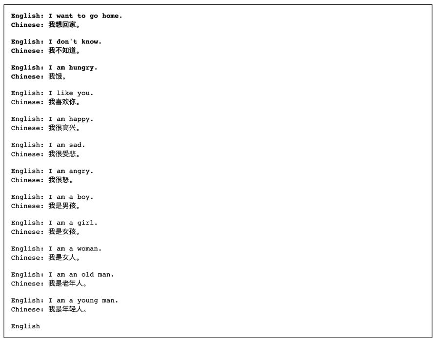 Figure 10: Basic few-shot translation example. OPT was not intentionally trained to be multilingual, but wefound anecdotally it has limited success with simple translations in German, Spanish, French, and Chinese.