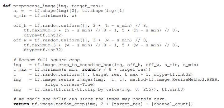 Listing 2. TensorFlow (Abadi et al., 2016) image preprocessing code for training the transformer. We use target_res = 256 and
