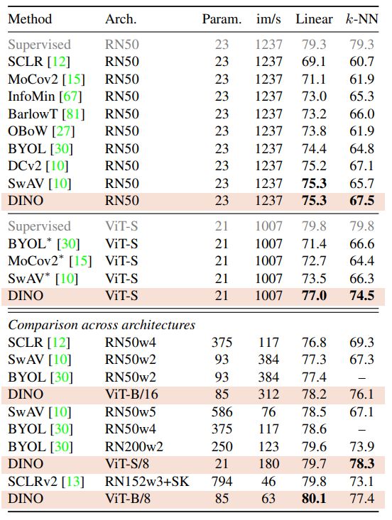 Table 2: Linear and k-NN classification on ImageNet. We report top-1 accuracy for linear and k-NN evaluations on the validation set of ImageNet for different self-supervised methods. We focus on ResNet-50 and ViT-small architectures, but also report the best results obtained across architectures. ∗ are run by us. We run the k-NN evaluation for models with official released weights. The throughput (im/s) is calculated on a NVIDIA V100 GPU with 128 samples per forward. Parameters (M) are of the feature extractor.