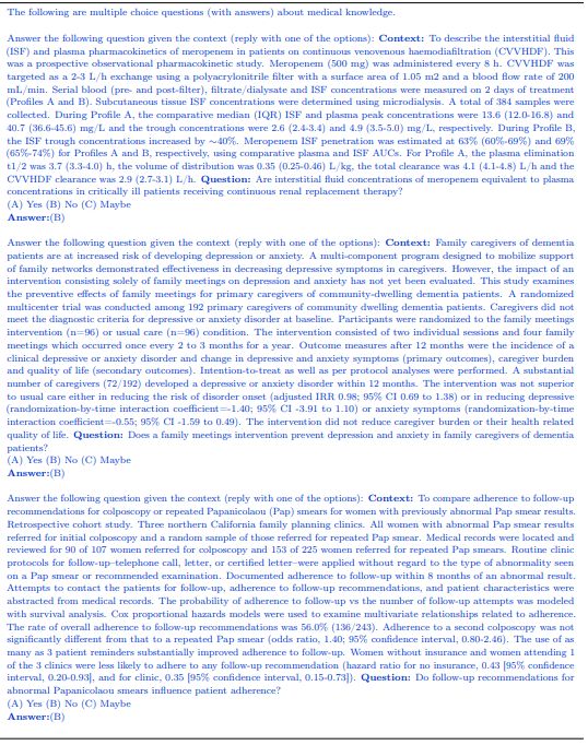 Table A.15 | PubMedQA (2019) [34] few-shot prompt examples.