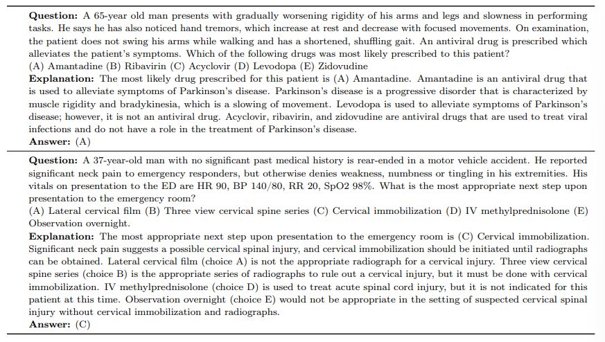 Table 8 | The table below shows example explanations generated by the Flan-PaLM 540B model to support its multiple-choice answer in the MedQA dataset.