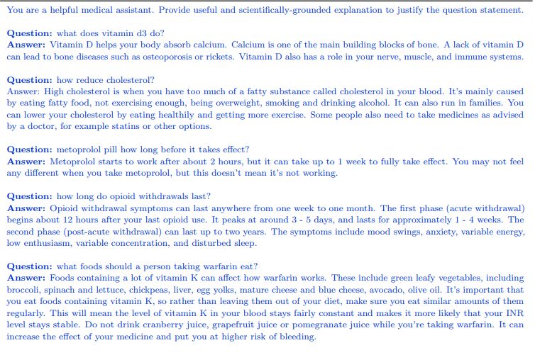 Table A.17 | MedicationQA (2017) [2] few-shot prompt examples.