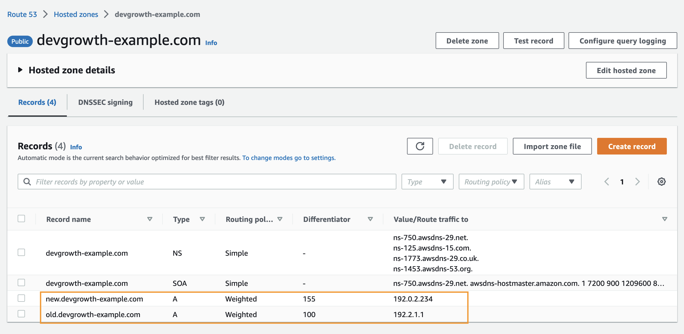 weighted records in the hosted zone