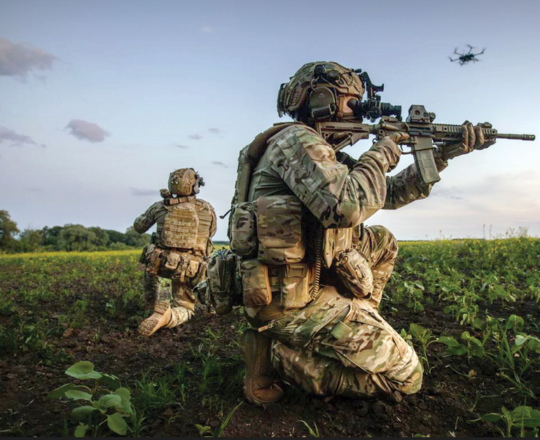 Ukrainian soldiers with a drone above