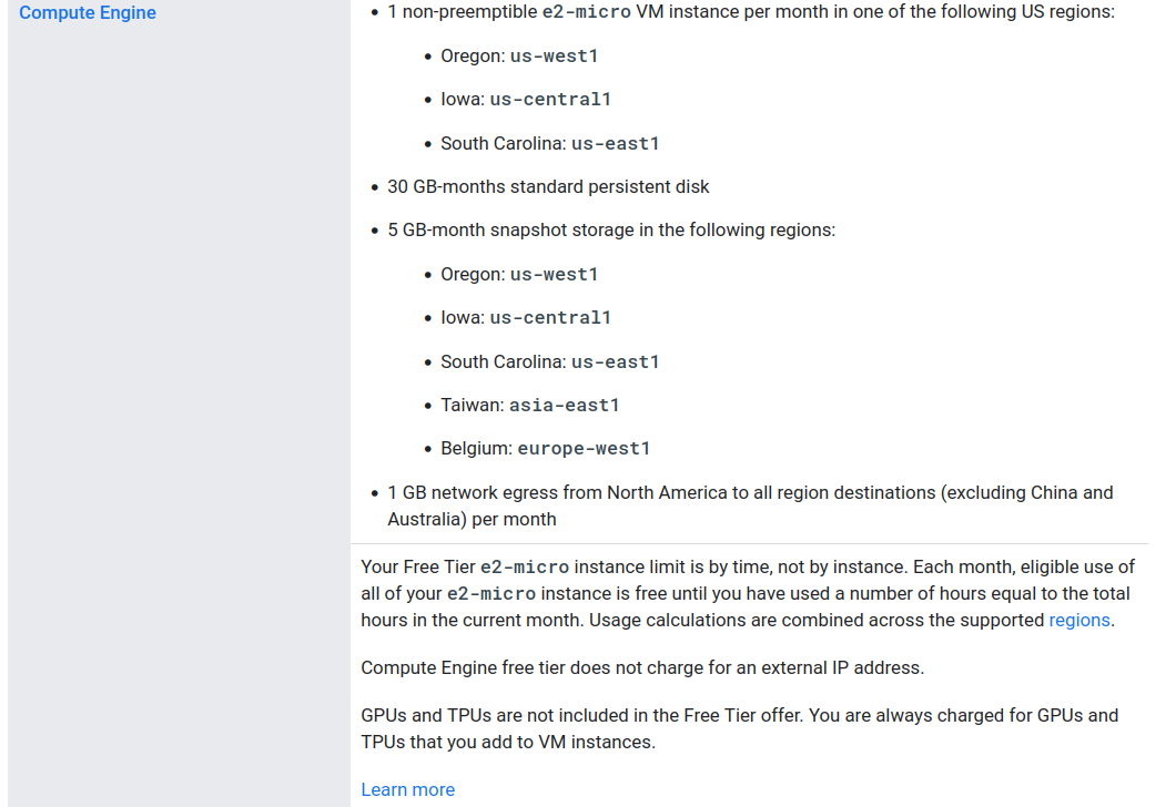 Бесплатный уровень Google Compute Engine (GCE)