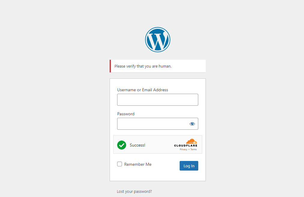 WordPress login page with Cloudflare Turnstile error message
