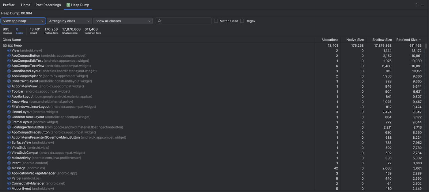 After profiling app session, we can see memory leaks and allocatuiibs
