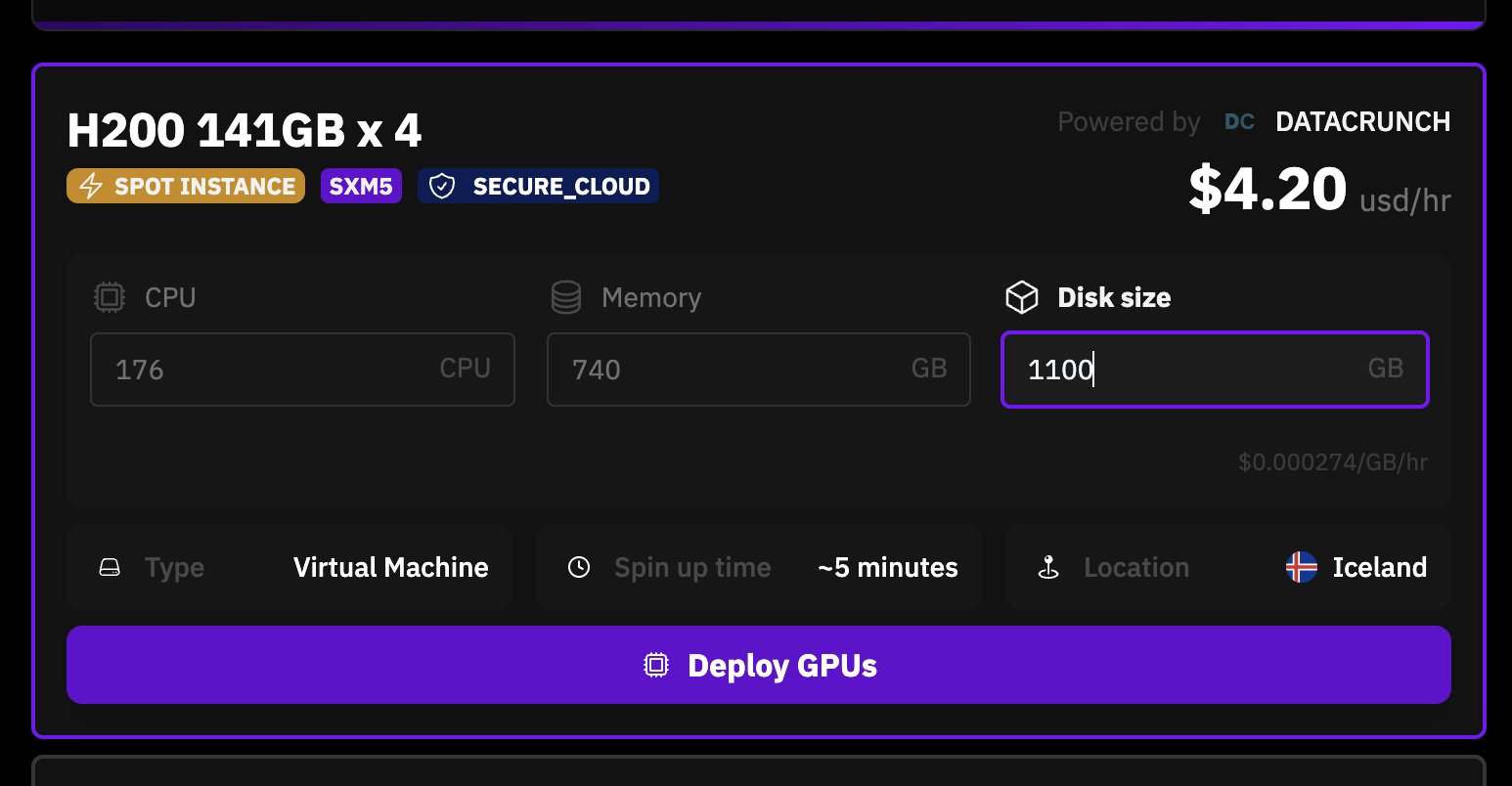 Price for 4x H200 on Prime Intellect