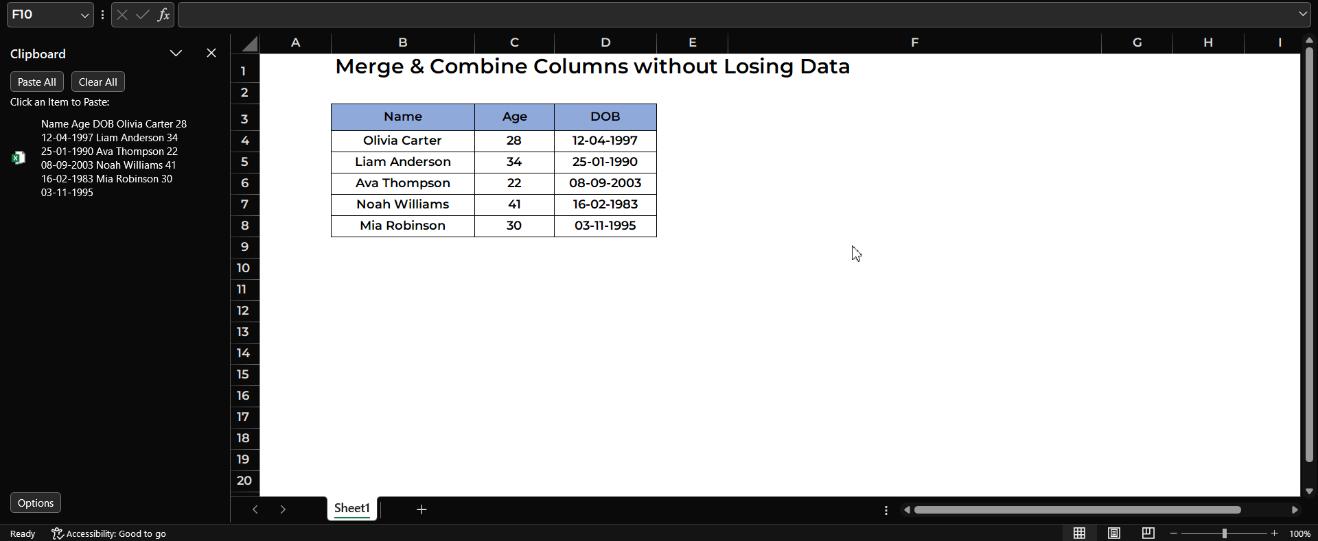 Pasting the cell values into the cells without losing it's contents