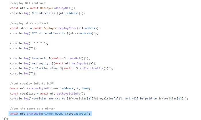 An example of a contract being deployed in web3 code, with the “store” contract being deployed alongside it. Note that the “store” contract is assigned the minter role.