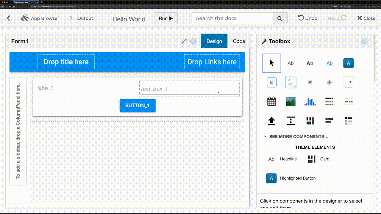 Changing the properties of the Label and Button components